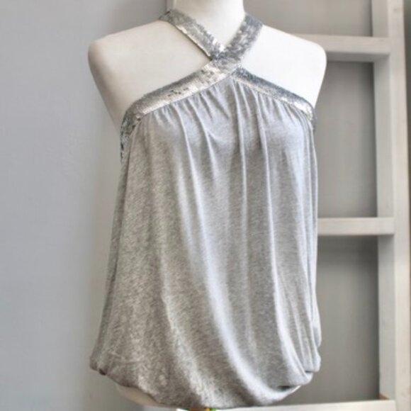 Express Vintage Y2K Gray & Silver Sequin Open-Back Halter Top Size Large - Picture 1 of 5